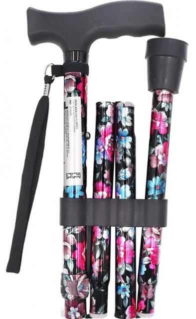 Black Floral Adjustable Folding Cane