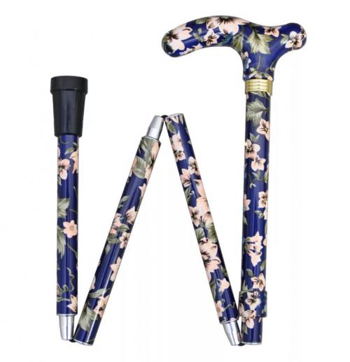 Safety Folding Aluminium Walking Stick - Blue Floral