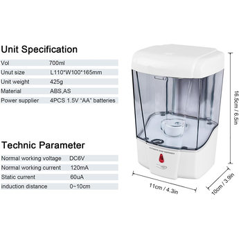 Automatic Hand Sanitiser Dispenser Spec and dimensions