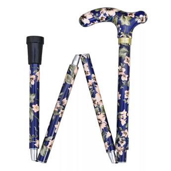 Safety Folding Aluminium Walking Stick - Blue Floral